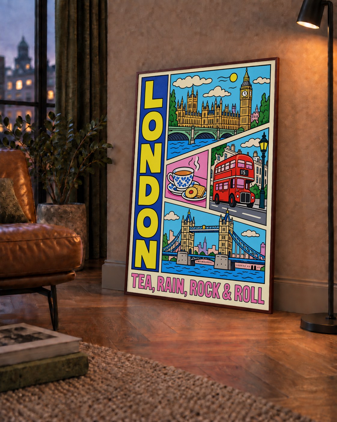 Londra İllüstrasyonu Çizgi Roman Poster – Pop-Art Sanat Baskısı — çerçeveli hâliyle bir ev duvarında