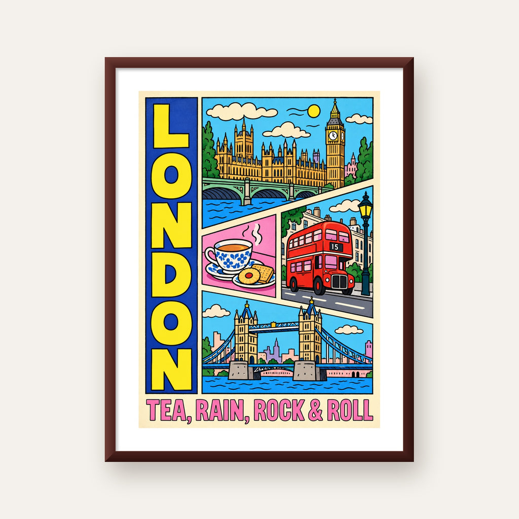 Londra İllüstrasyonu Çizgi Roman Poster – Pop-Art Sanat Baskısı — ceviz çerçeveli paspartulu