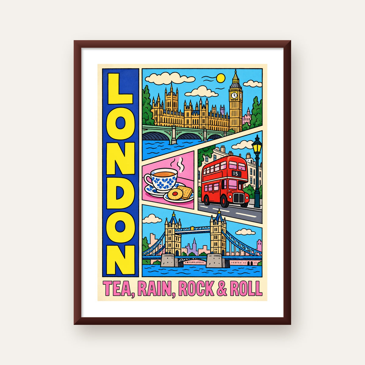 Londra İllüstrasyonu Çizgi Roman Poster – Pop-Art Sanat Baskısı — ceviz çerçeveli paspartulu
