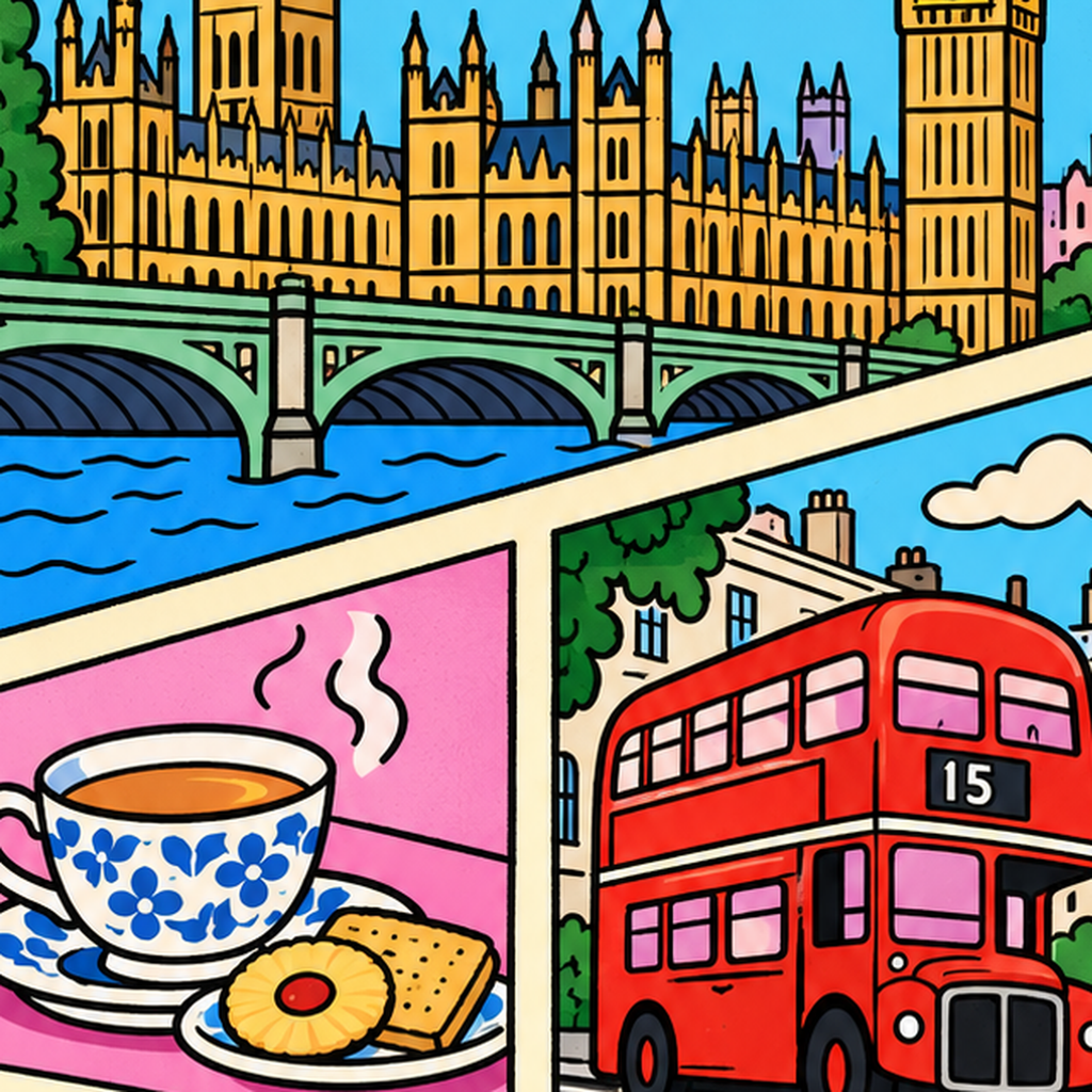Londra İllüstrasyonu Çizgi Roman Poster – Pop-Art Sanat Baskısı — baskının yakın çekimi, kâğıt dokusu ve renk detayı