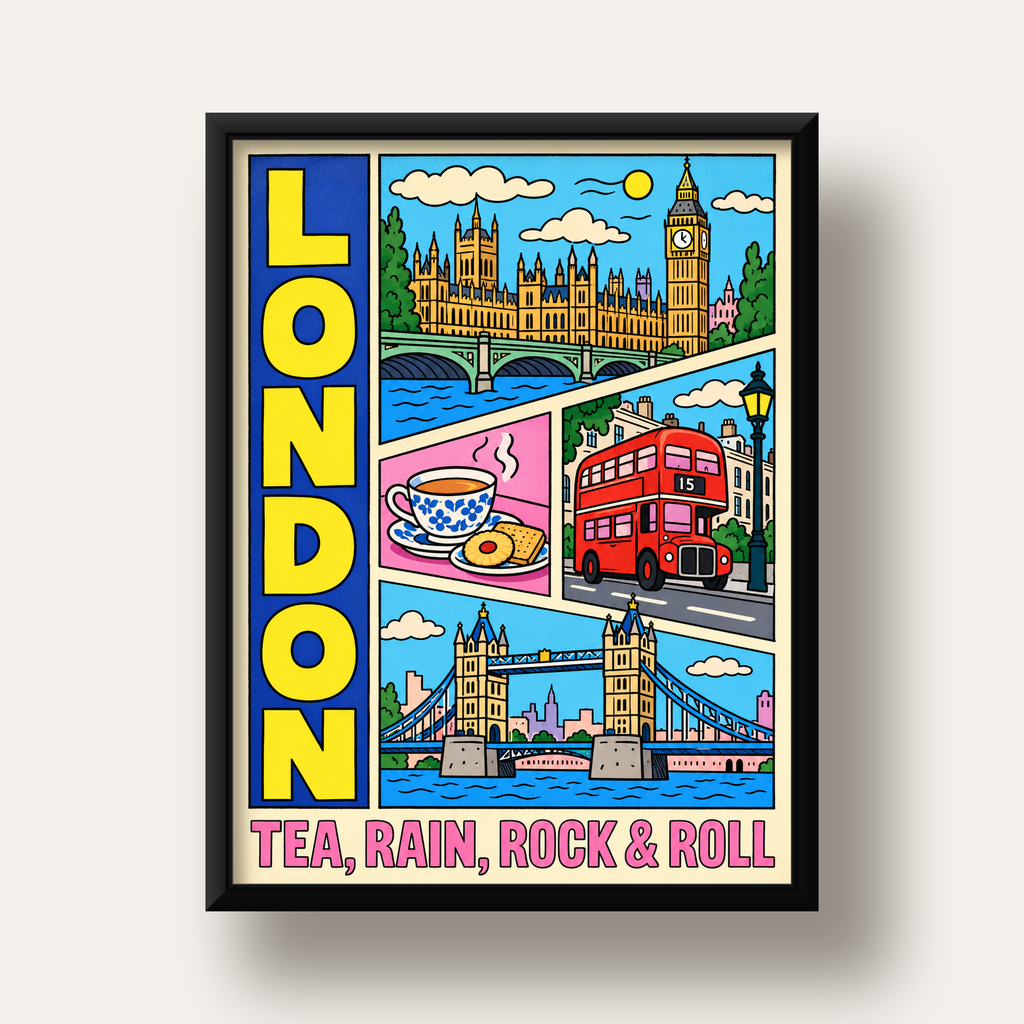 Londra İllüstrasyonu Çizgi Roman Poster – Pop-Art Sanat Baskısı — siyah derin çerçeveli