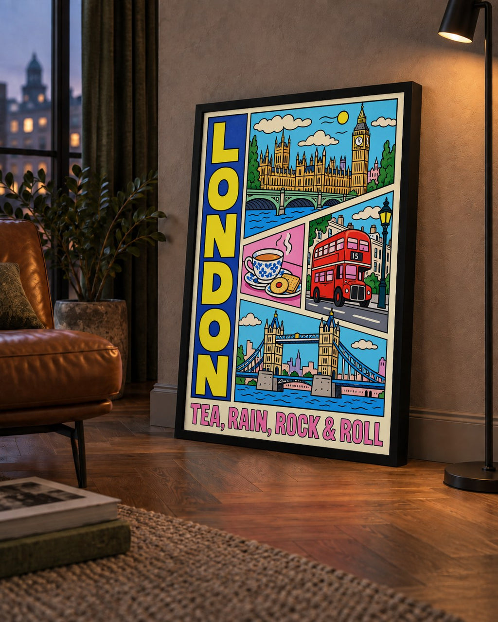 Londra İllüstrasyonu Çizgi Roman Poster – Pop-Art Sanat Baskısı — çerçeveli hâliyle bir ev duvarında