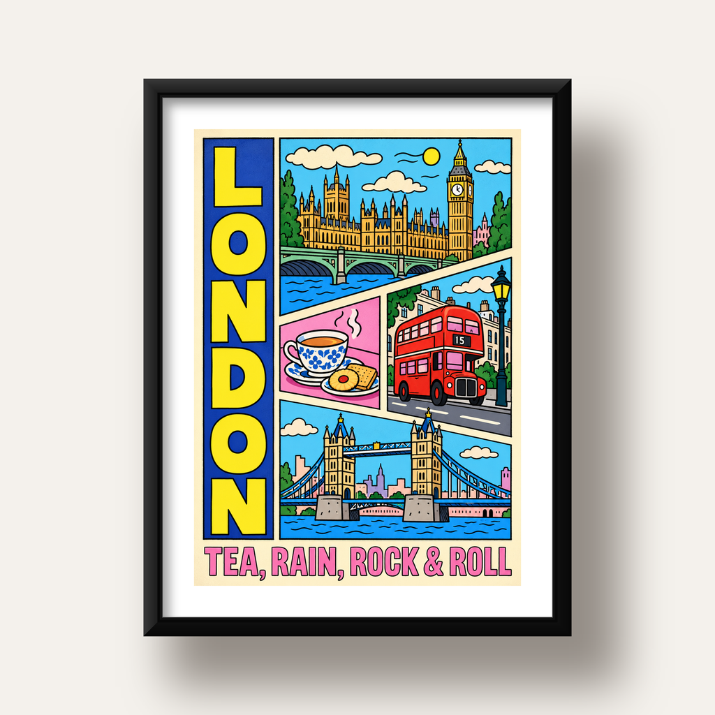 Londra İllüstrasyonu Çizgi Roman Poster – Pop-Art Sanat Baskısı — siyah derin çerçeveli paspartulu