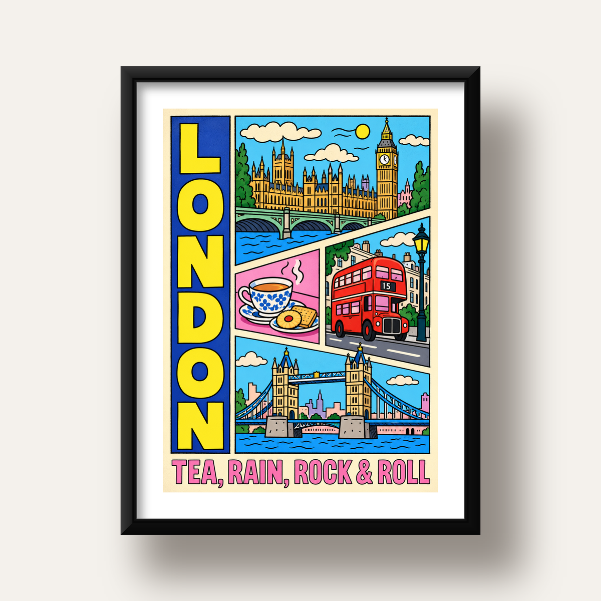 Londra İllüstrasyonu Çizgi Roman Poster – Pop-Art Sanat Baskısı — siyah derin çerçeveli paspartulu