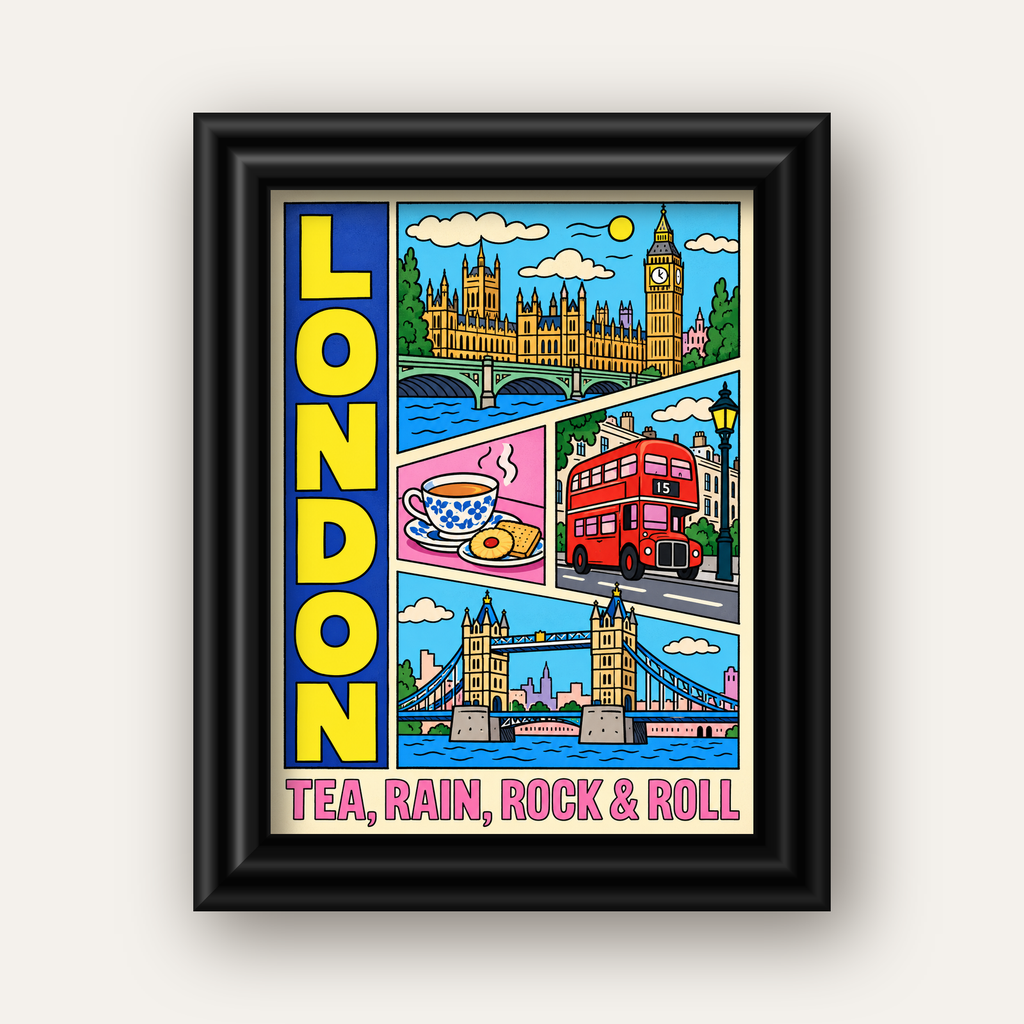 Londra İllüstrasyonu Çizgi Roman Poster – Pop-Art Sanat Baskısı — siyah galeri çerçeveli