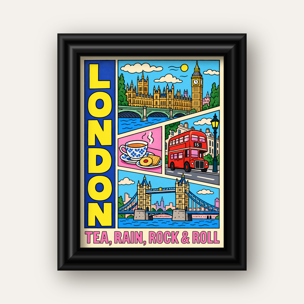 Londra İllüstrasyonu Çizgi Roman Poster – Pop-Art Sanat Baskısı — siyah galeri çerçeveli