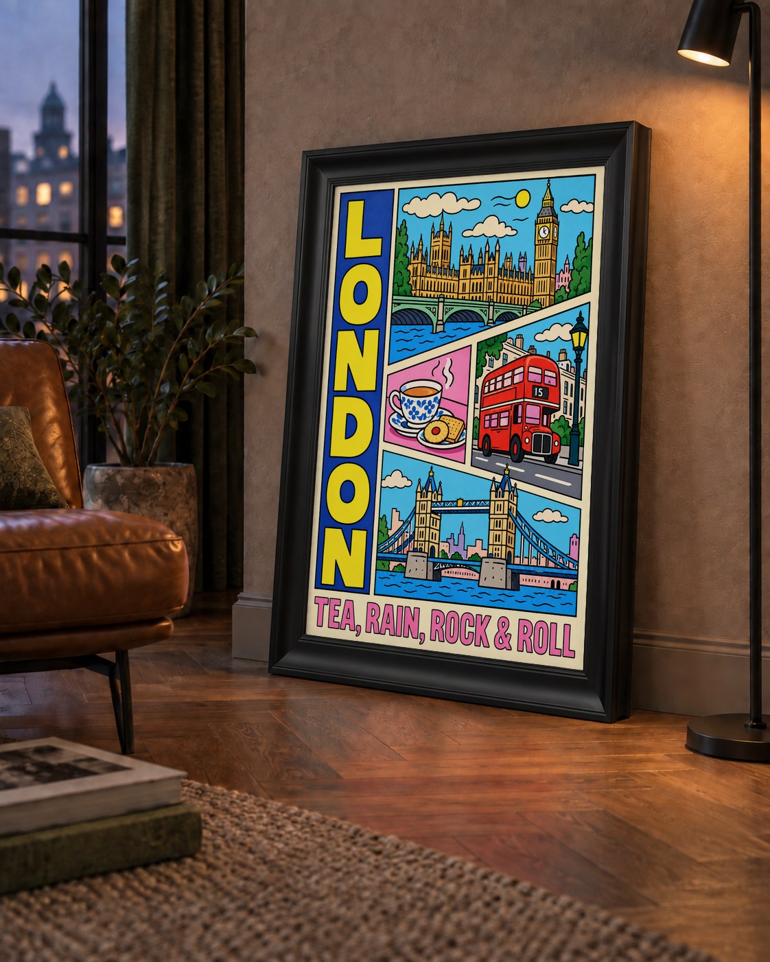 Londra İllüstrasyonu Çizgi Roman Poster – Pop-Art Sanat Baskısı — çerçeveli hâliyle bir ev duvarında