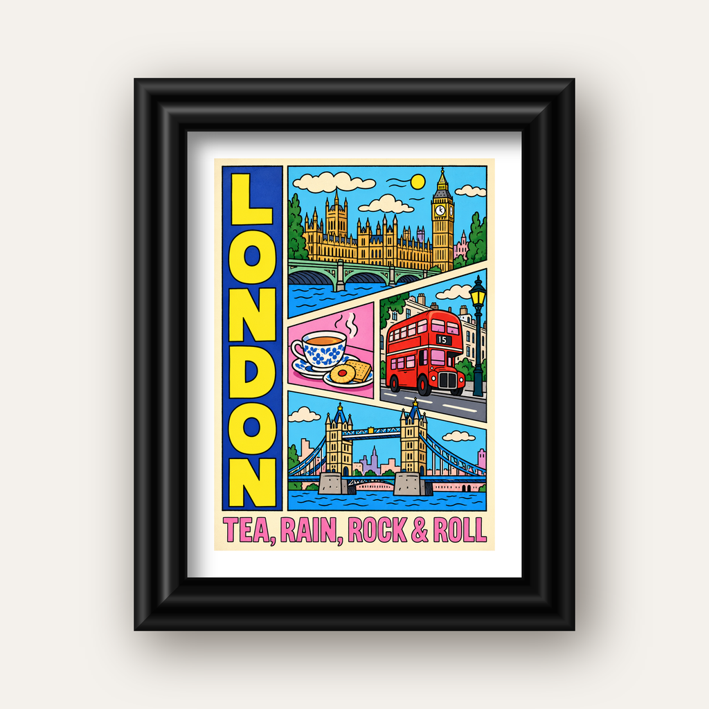 Londra İllüstrasyonu Çizgi Roman Poster – Pop-Art Sanat Baskısı — siyah galeri çerçeveli paspartulu