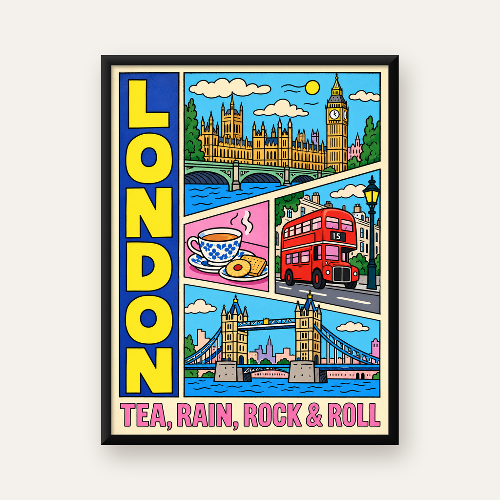 Londra İllüstrasyonu Çizgi Roman Poster – Pop-Art Sanat Baskısı — Dikey baskı, düz siyah çerçeveli duvar posteri