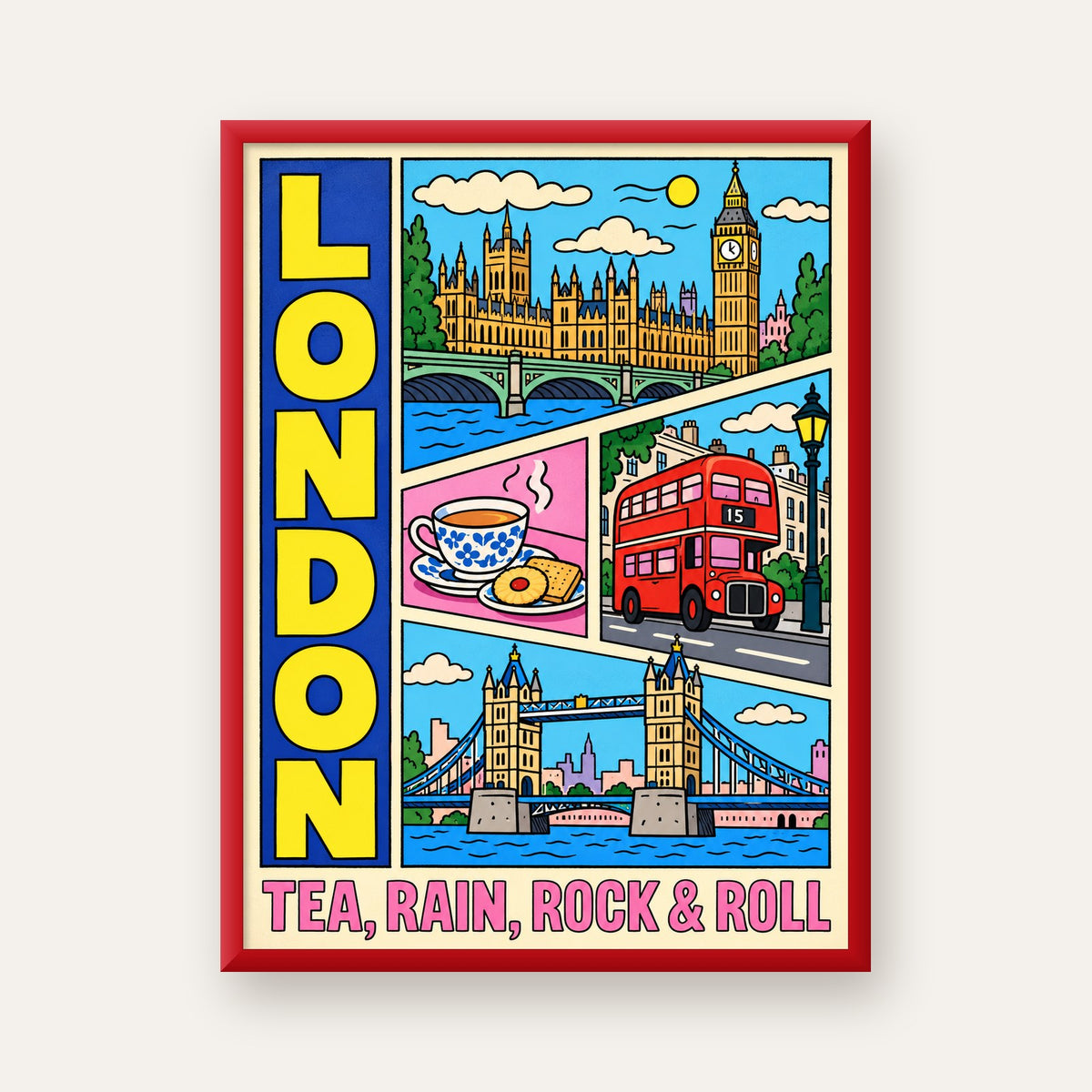 Londra İllüstrasyonu Çizgi Roman Poster – Pop-Art Sanat Baskısı — kırmızı çerçeveli