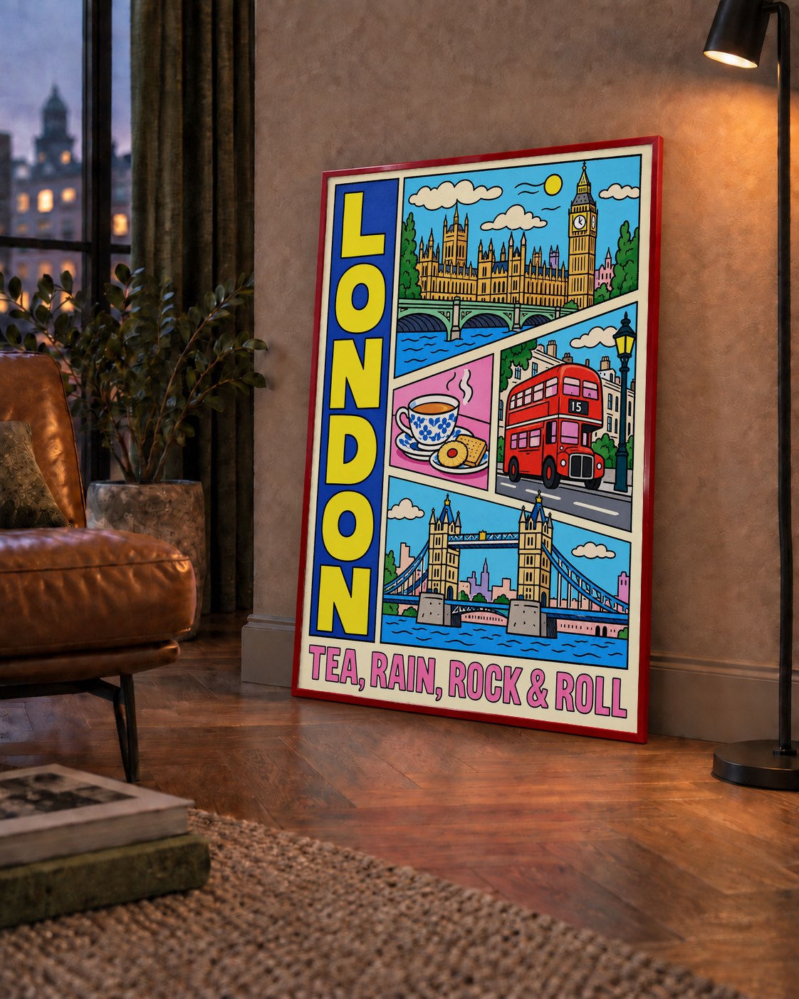 Londra İllüstrasyonu Çizgi Roman Poster – Pop-Art Sanat Baskısı — çerçeveli hâliyle bir ev duvarında