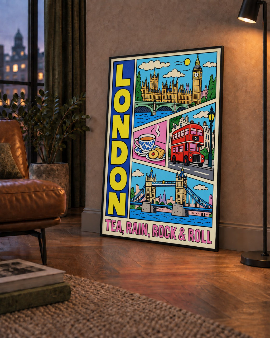 Londra İllüstrasyonu Çizgi Roman Poster – Pop-Art Sanat Baskısı — çerçeveli hâliyle bir ev duvarında