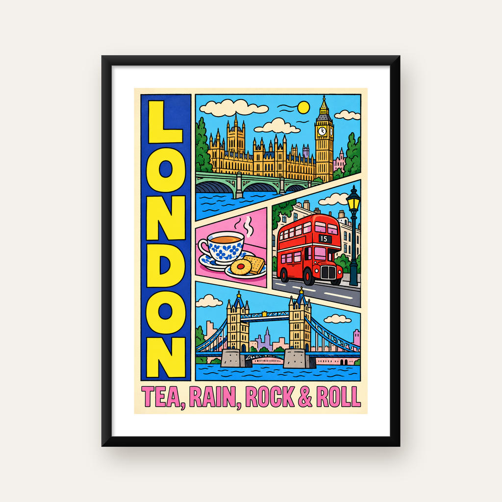 Londra İllüstrasyonu Çizgi Roman Poster – Pop-Art Sanat Baskısı — Dikey baskı, beyaz paspartulu
