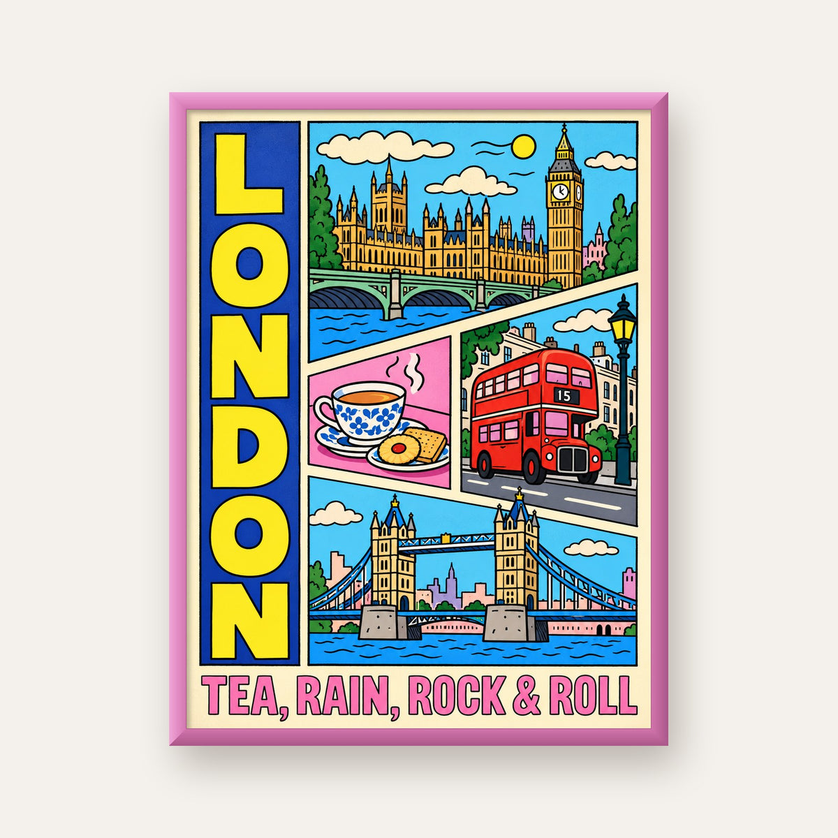 Londra İllüstrasyonu Çizgi Roman Poster – Pop-Art Sanat Baskısı — pembe çerçeveli