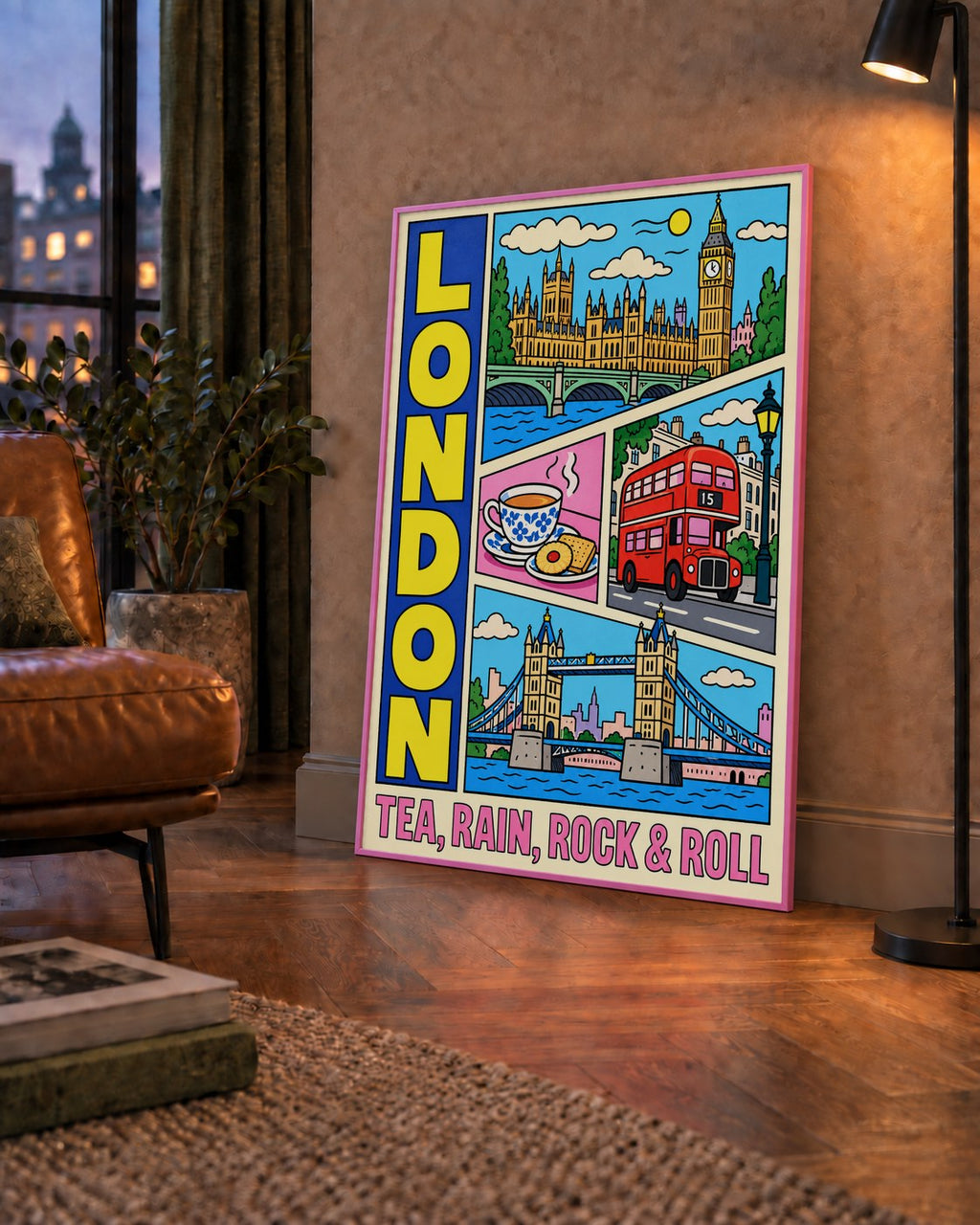 Londra İllüstrasyonu Çizgi Roman Poster – Pop-Art Sanat Baskısı — çerçeveli hâliyle bir ev duvarında