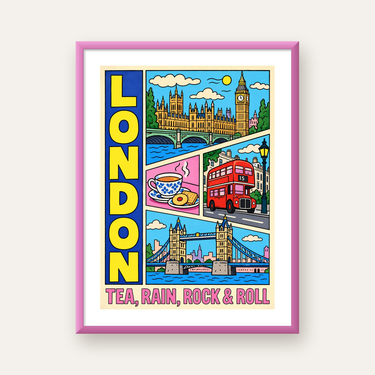 Londra İllüstrasyonu Çizgi Roman Poster – Pop-Art Sanat Baskısı — pembe çerçeveli paspartulu