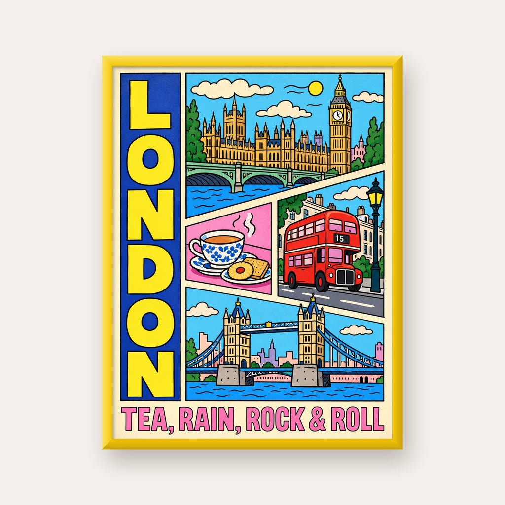 Londra İllüstrasyonu Çizgi Roman Poster – Pop-Art Sanat Baskısı — sarı çerçeveli