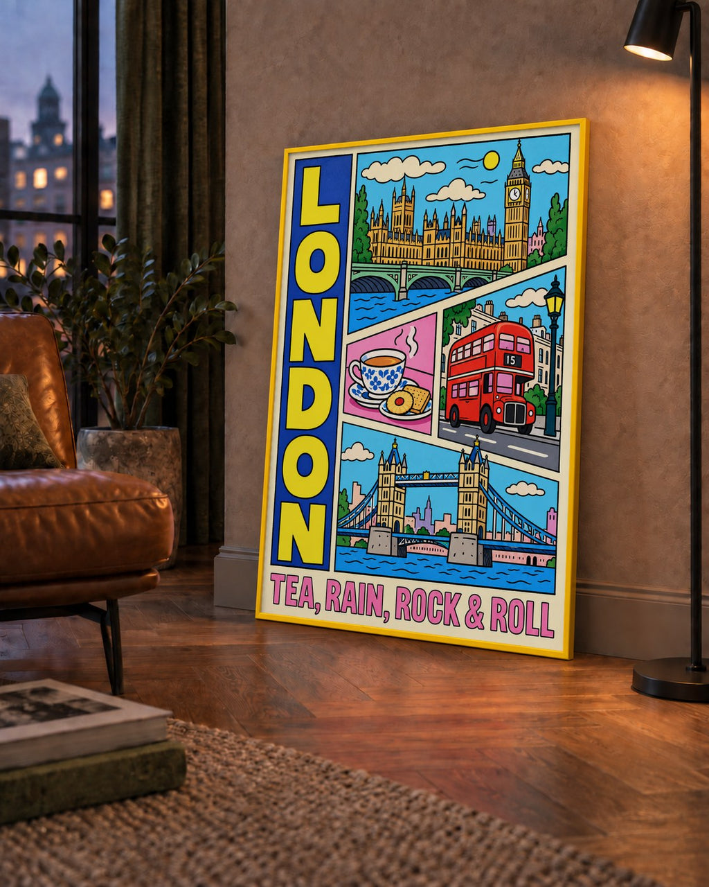 Londra İllüstrasyonu Çizgi Roman Poster – Pop-Art Sanat Baskısı — çerçeveli hâliyle bir ev duvarında