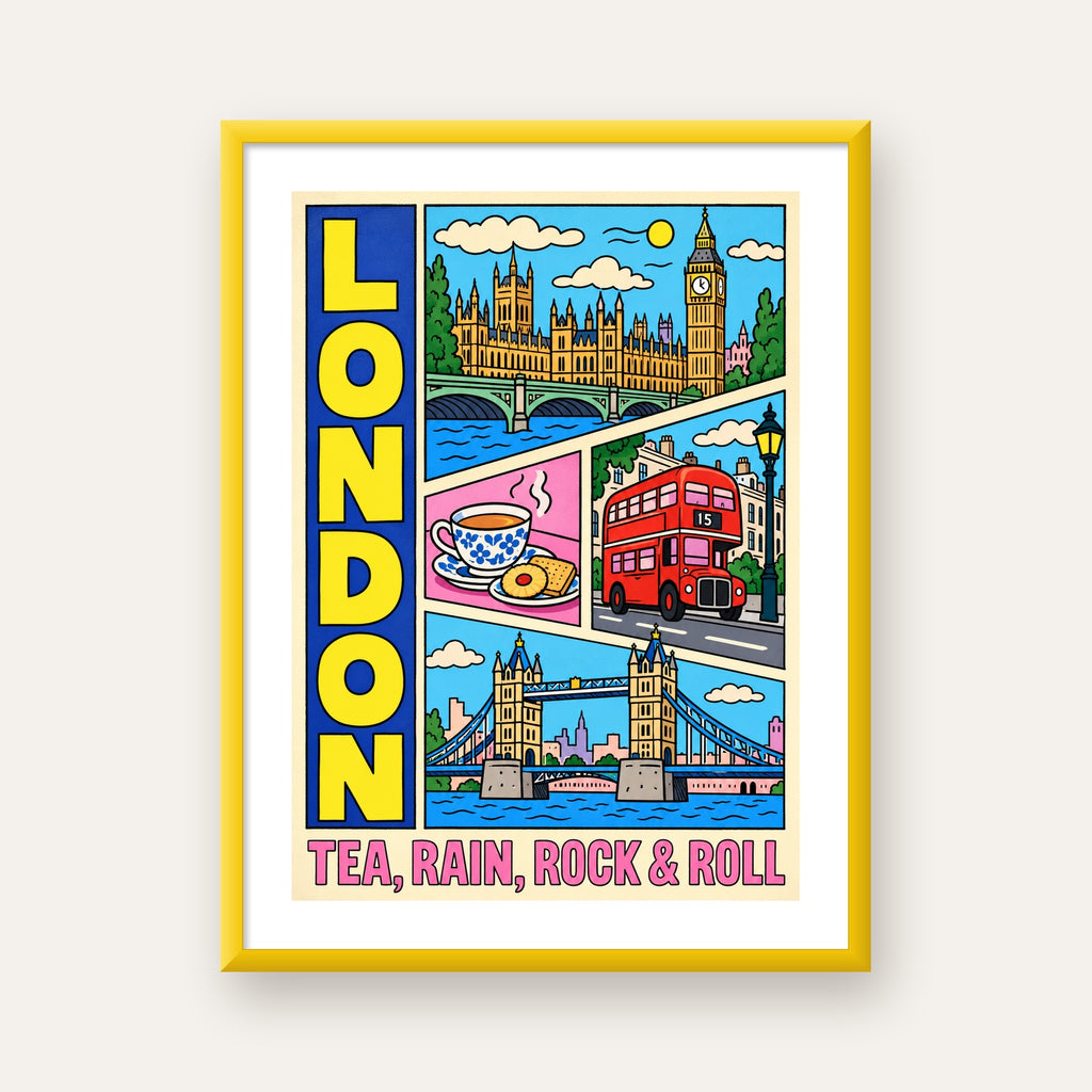 Londra İllüstrasyonu Çizgi Roman Poster – Pop-Art Sanat Baskısı — sarı çerçeveli paspartulu