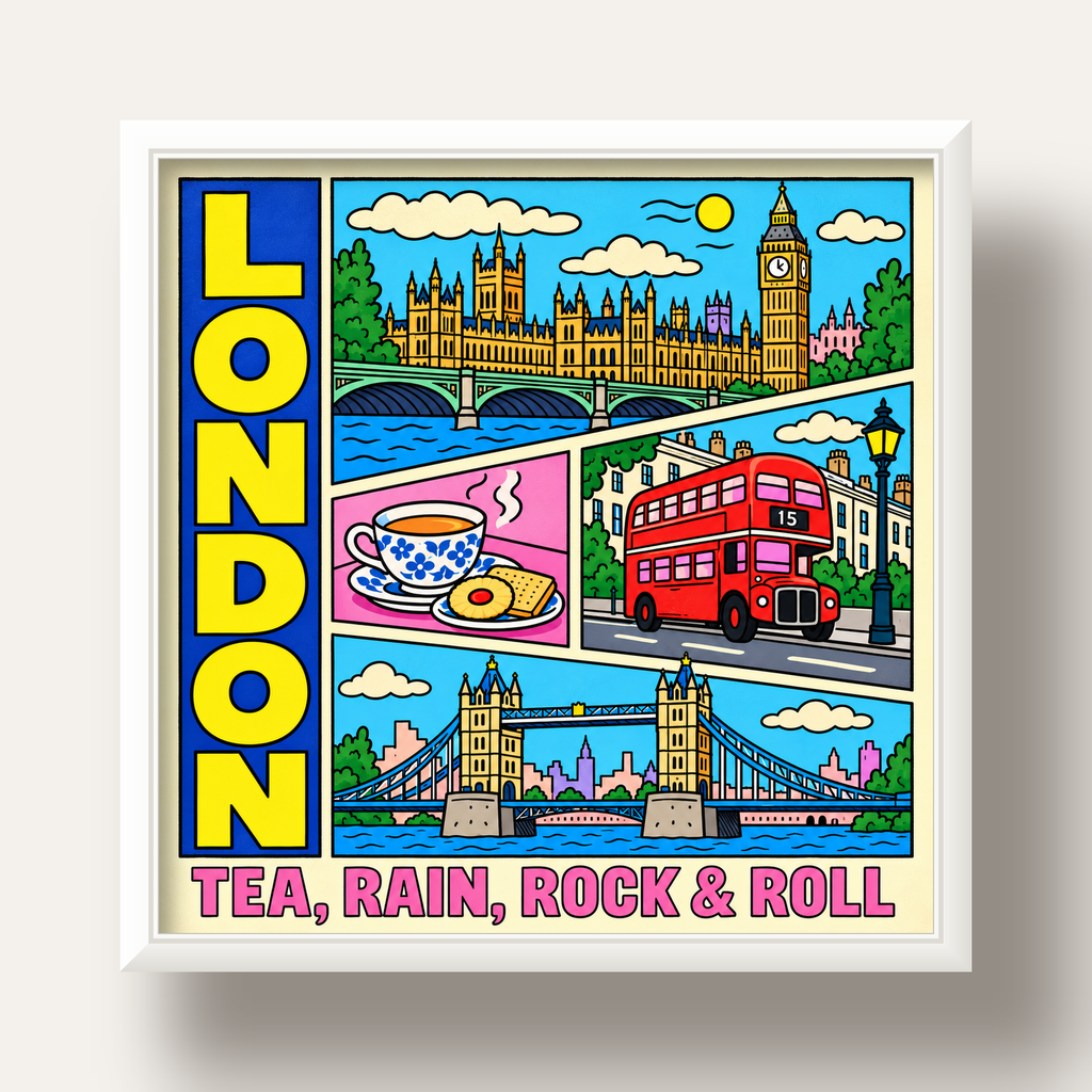 Londra İllüstrasyonu Çizgi Roman Poster – Pop-Art Sanat Baskısı — beyaz derin çerçeveli