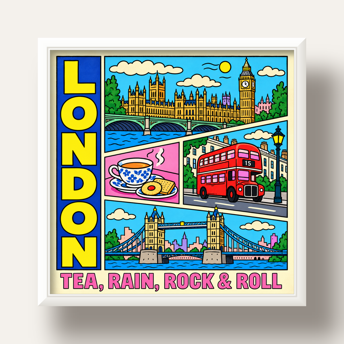 Londra İllüstrasyonu Çizgi Roman Poster – Pop-Art Sanat Baskısı — beyaz derin çerçeveli
