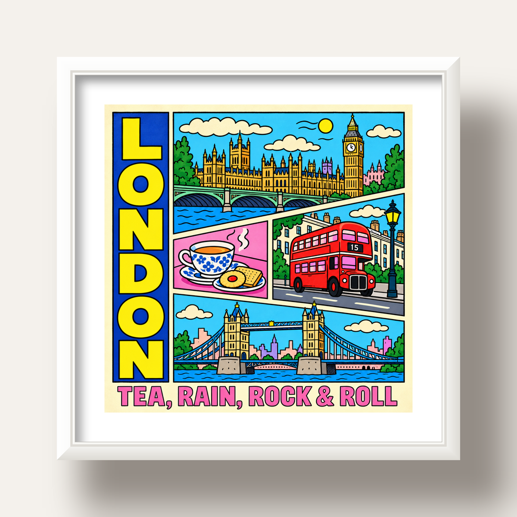 Londra İllüstrasyonu Çizgi Roman Poster – Pop-Art Sanat Baskısı — beyaz derin çerçeveli paspartulu
