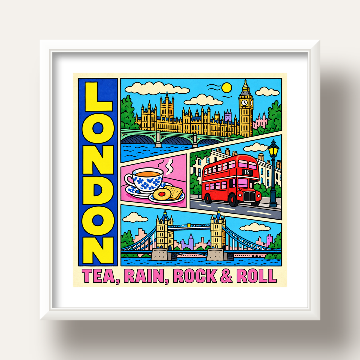 Londra İllüstrasyonu Çizgi Roman Poster – Pop-Art Sanat Baskısı — beyaz derin çerçeveli paspartulu