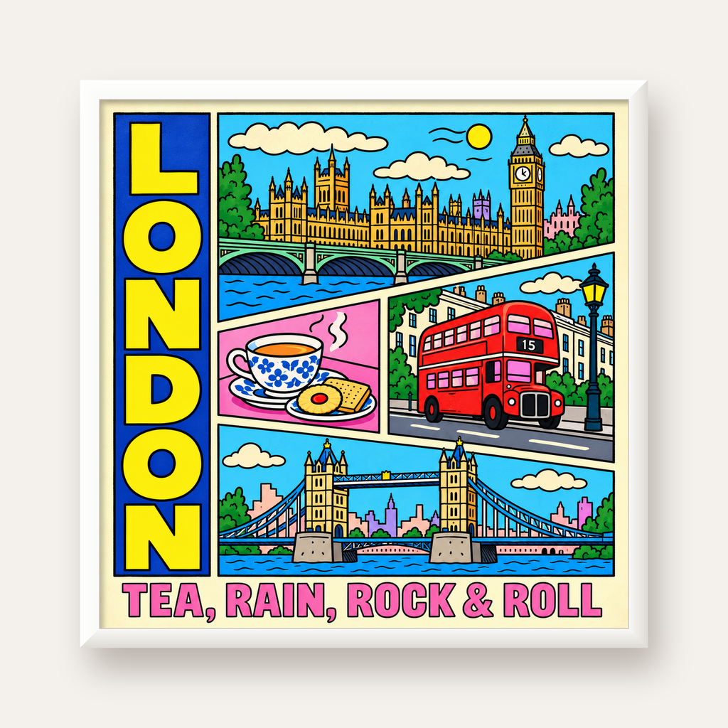 Londra İllüstrasyonu Çizgi Roman Poster – Pop-Art Sanat Baskısı — beyaz çerçeveli kare poster