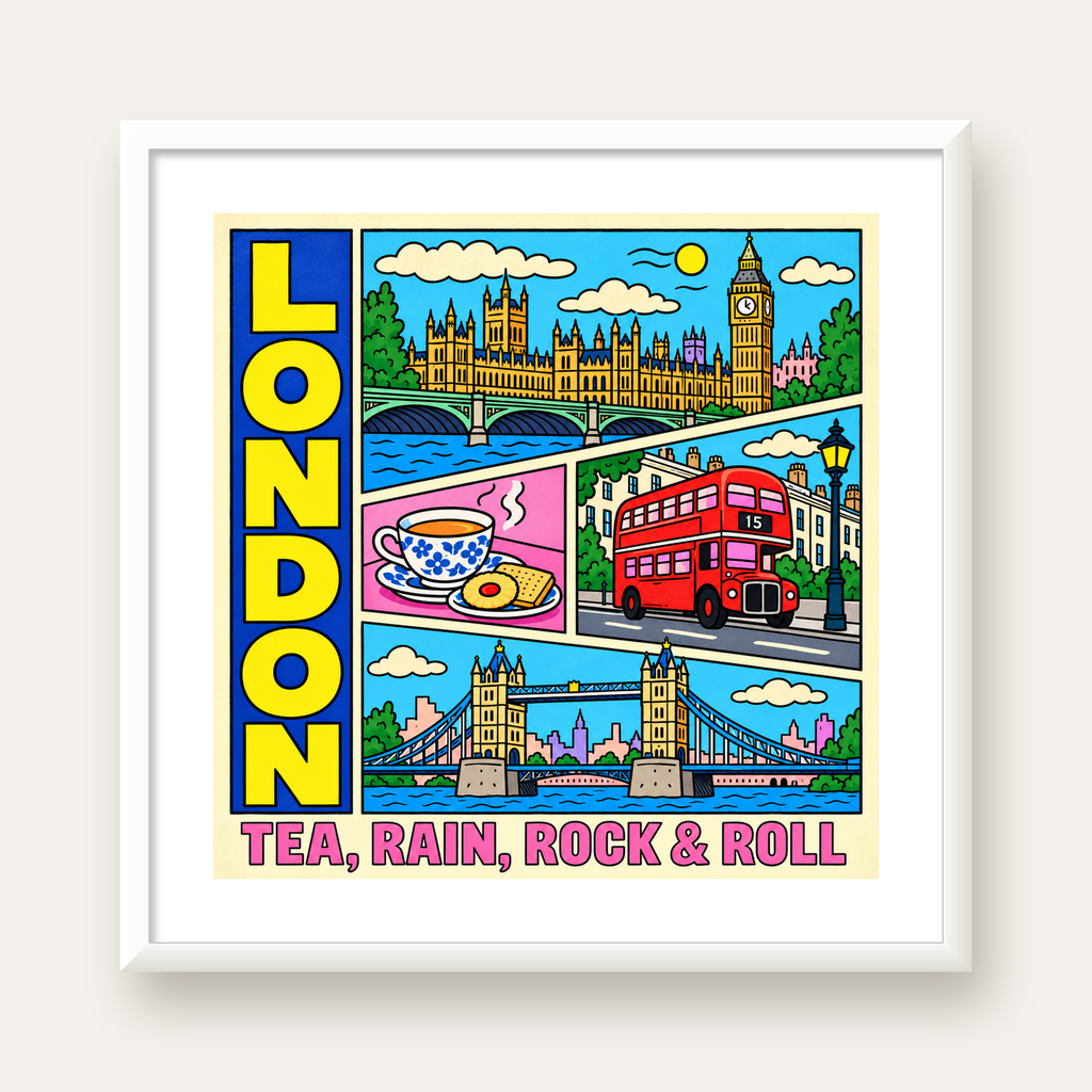 Londra İllüstrasyonu Çizgi Roman Poster – Pop-Art Sanat Baskısı — beyaz çerçeveli kare poster
