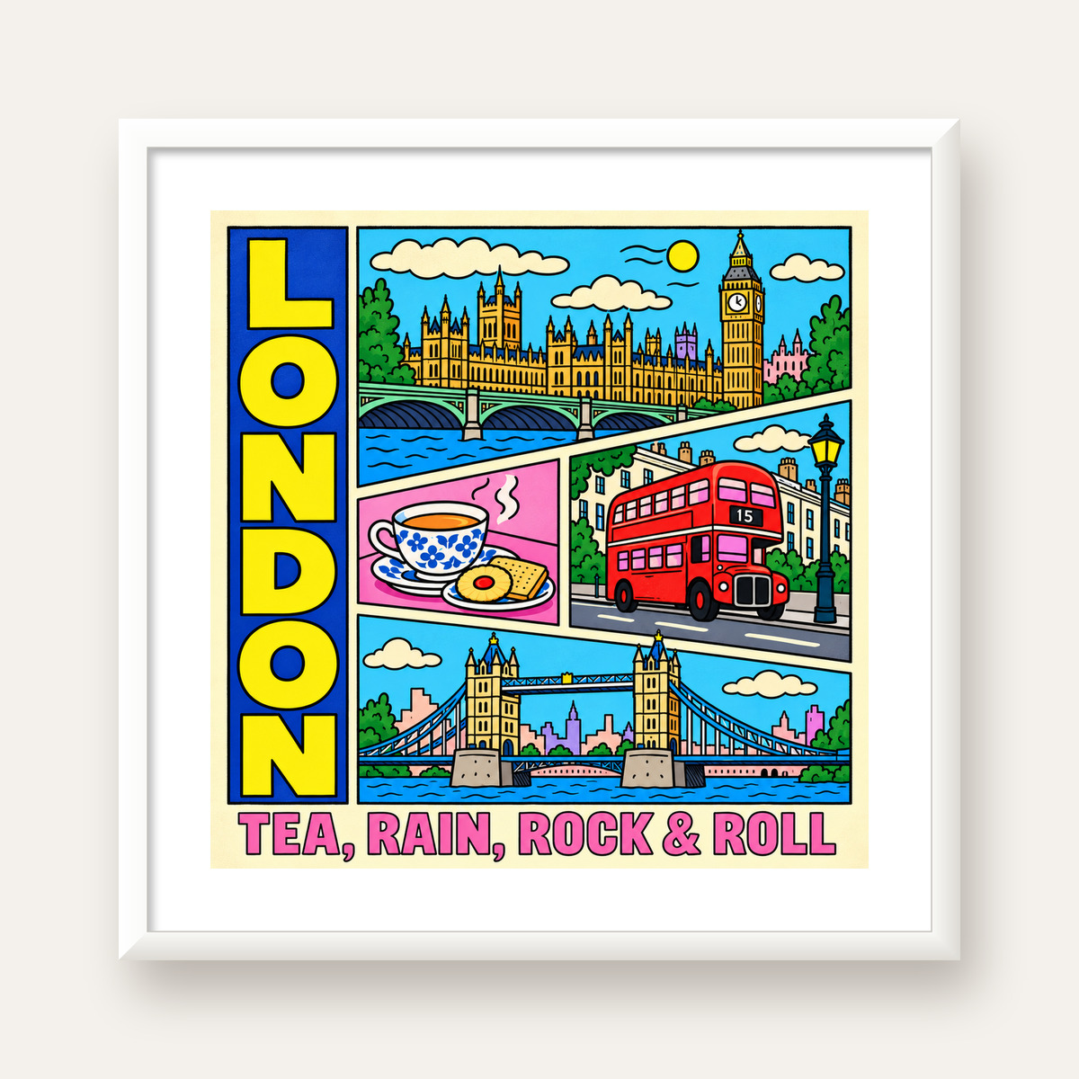 Londra İllüstrasyonu Çizgi Roman Poster – Pop-Art Sanat Baskısı — beyaz çerçeveli kare poster