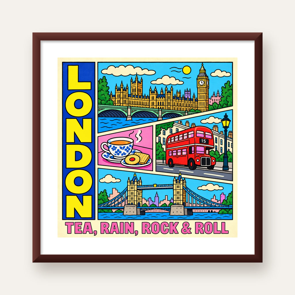 Londra İllüstrasyonu Çizgi Roman Poster – Pop-Art Sanat Baskısı — ceviz çerçeveli paspartulu