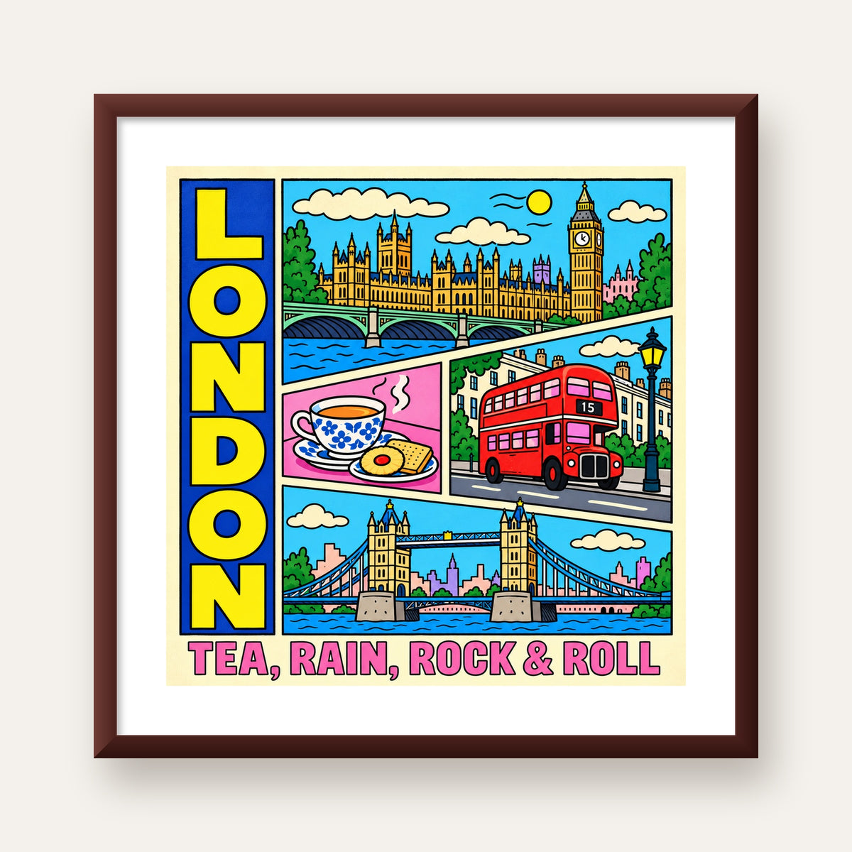 Londra İllüstrasyonu Çizgi Roman Poster – Pop-Art Sanat Baskısı — ceviz çerçeveli paspartulu
