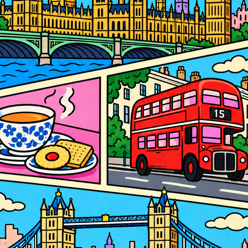 Londra İllüstrasyonu Çizgi Roman Poster – Pop-Art Sanat Baskısı — baskının yakın çekimi, kâğıt dokusu ve renk detayı