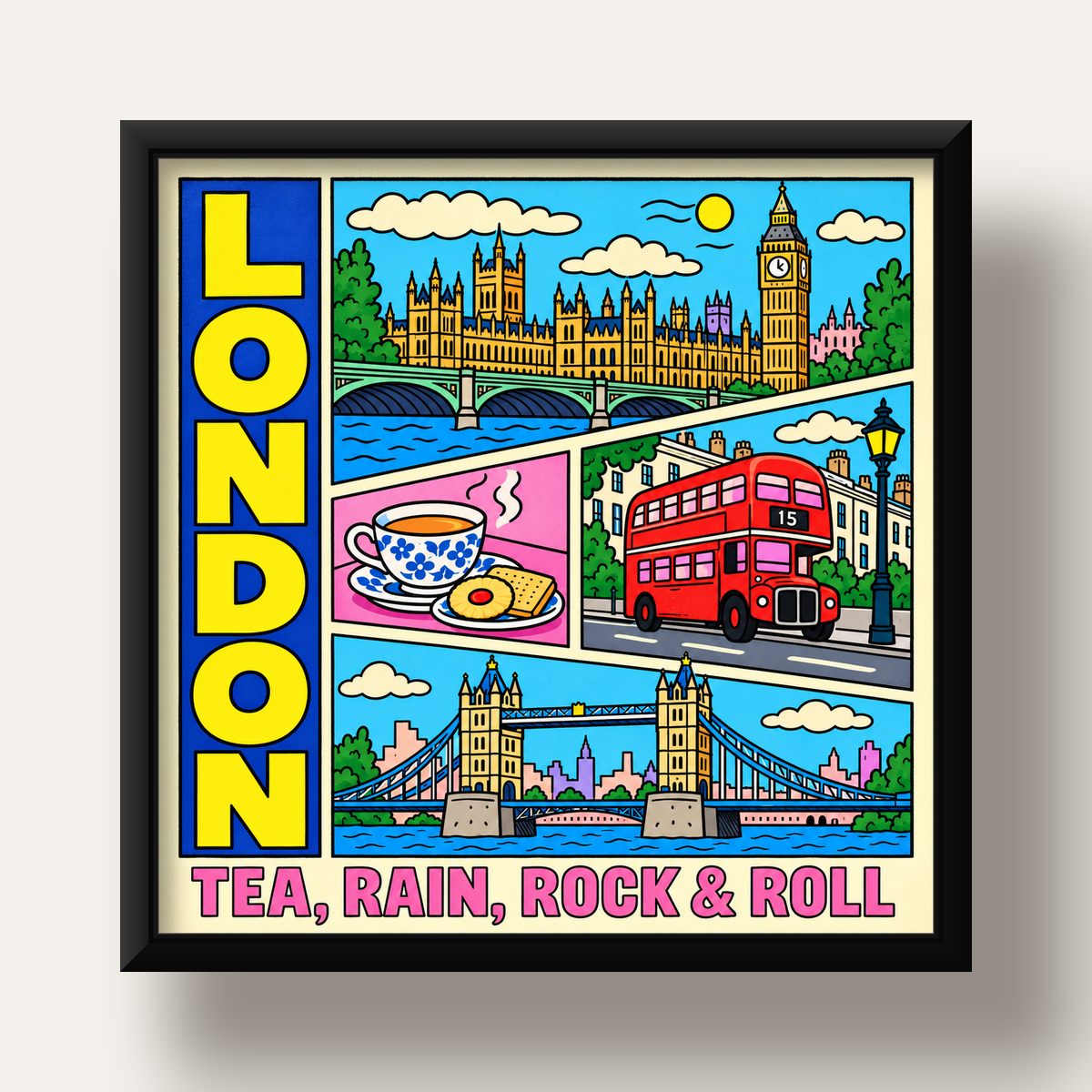 Londra İllüstrasyonu Çizgi Roman Poster – Pop-Art Sanat Baskısı — siyah derin çerçeveli