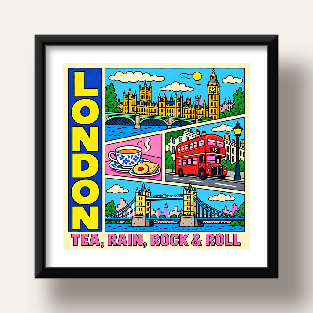 Londra İllüstrasyonu Çizgi Roman Poster – Pop-Art Sanat Baskısı — siyah derin çerçeveli paspartulu