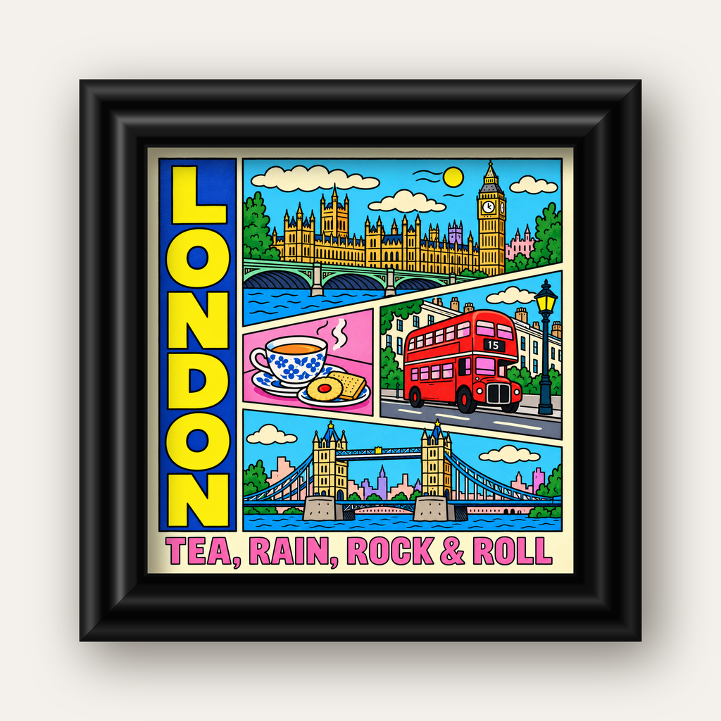 Londra İllüstrasyonu Çizgi Roman Poster – Pop-Art Sanat Baskısı — siyah galeri çerçeveli