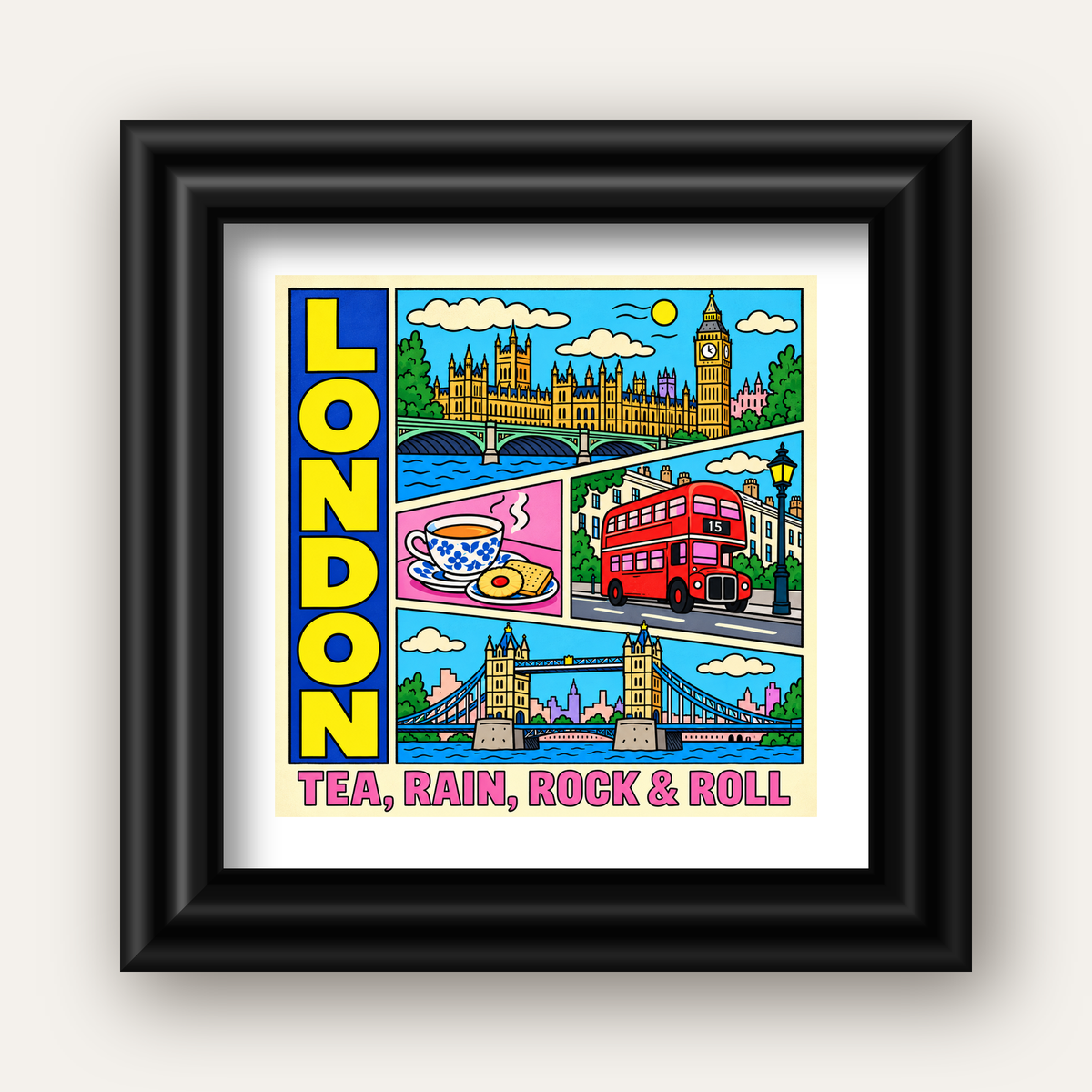 Londra İllüstrasyonu Çizgi Roman Poster – Pop-Art Sanat Baskısı — siyah galeri çerçeveli paspartulu