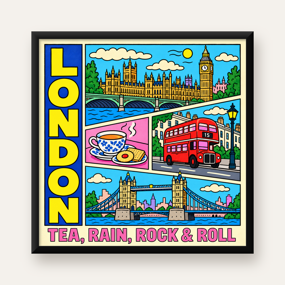 Londra İllüstrasyonu Çizgi Roman Poster – Pop-Art Sanat Baskısı — Kare baskı, düz siyah çerçeveli duvar posteri