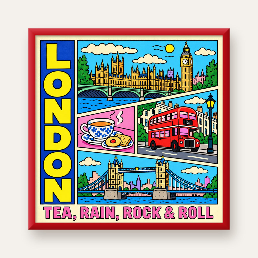Londra İllüstrasyonu Çizgi Roman Poster – Pop-Art Sanat Baskısı — kırmızı çerçeveli