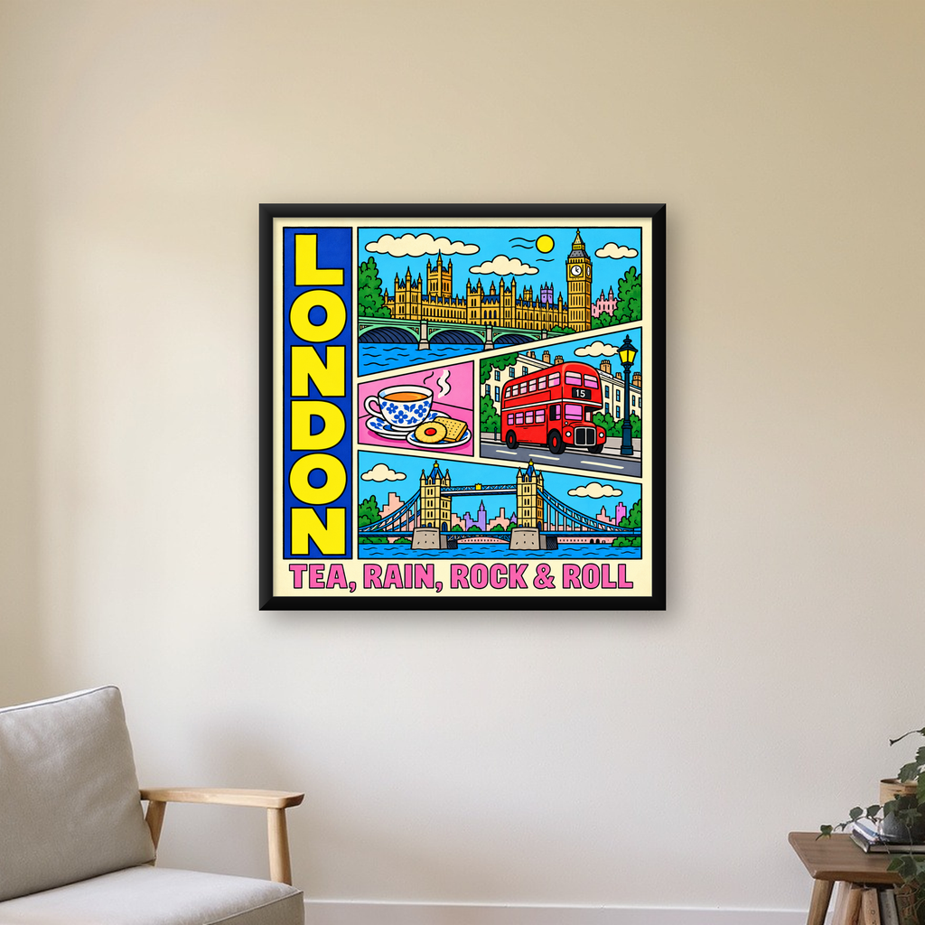 Londra İllüstrasyonu Çizgi Roman Poster – Pop-Art Sanat Baskısı — Kare baskı, çerçeveli hâliyle bir ev duvarında