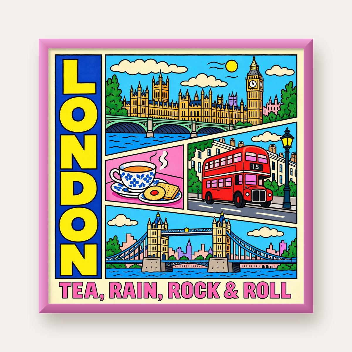 Londra İllüstrasyonu Çizgi Roman Poster – Pop-Art Sanat Baskısı — pembe çerçeveli