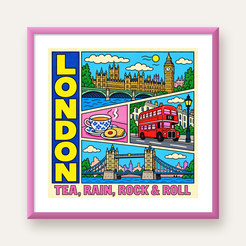 Londra İllüstrasyonu Çizgi Roman Poster – Pop-Art Sanat Baskısı — pembe çerçeveli paspartulu