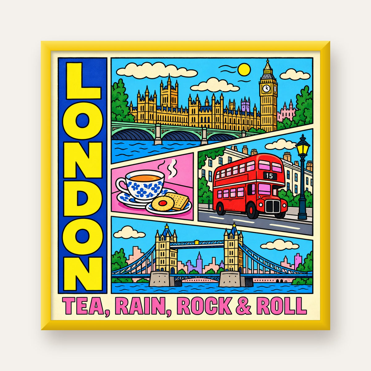 Londra İllüstrasyonu Çizgi Roman Poster – Pop-Art Sanat Baskısı — sarı çerçeveli