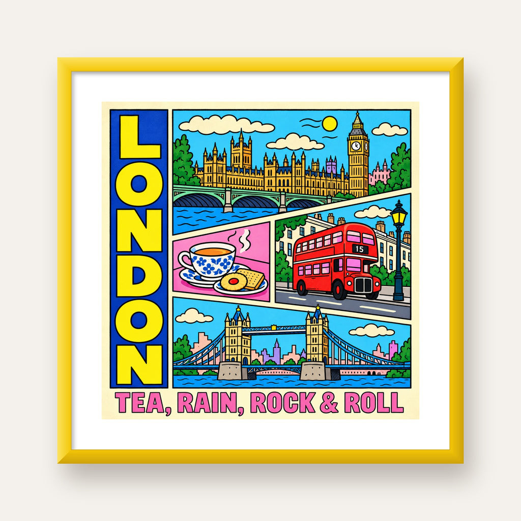 Londra İllüstrasyonu Çizgi Roman Poster – Pop-Art Sanat Baskısı — sarı çerçeveli paspartulu
