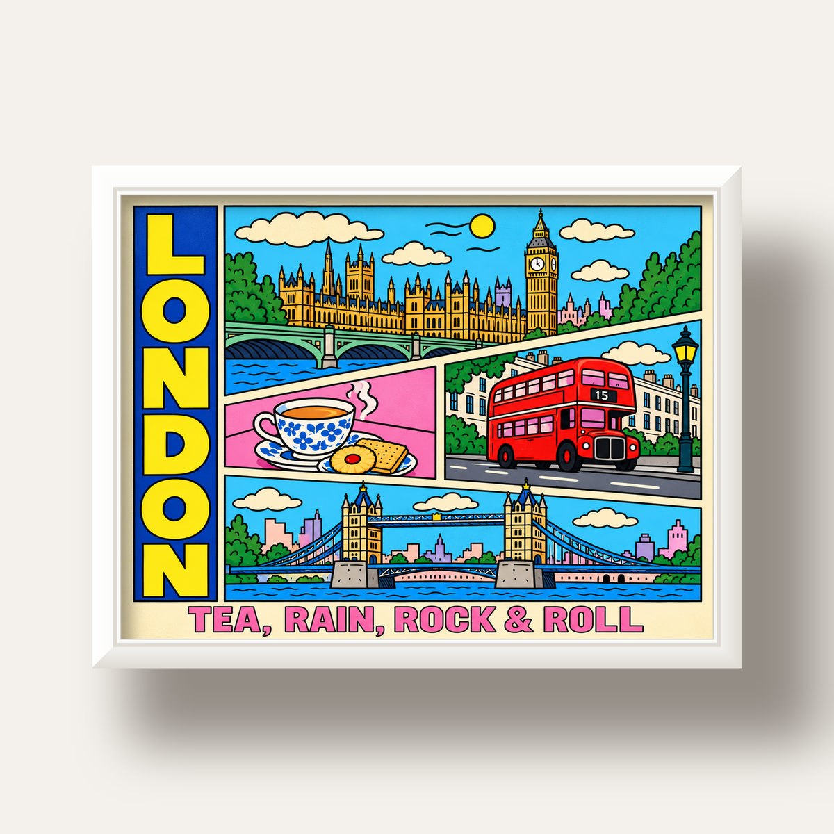 Londra İllüstrasyonu Çizgi Roman Poster – Pop-Art Sanat Baskısı — beyaz derin çerçeveli