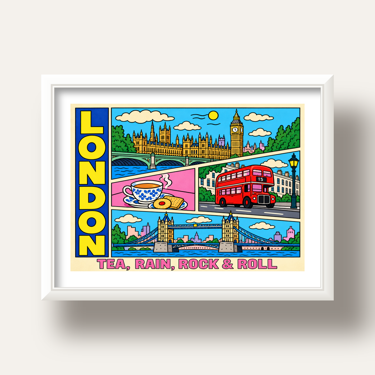 Londra İllüstrasyonu Çizgi Roman Poster – Pop-Art Sanat Baskısı — beyaz derin çerçeveli paspartulu