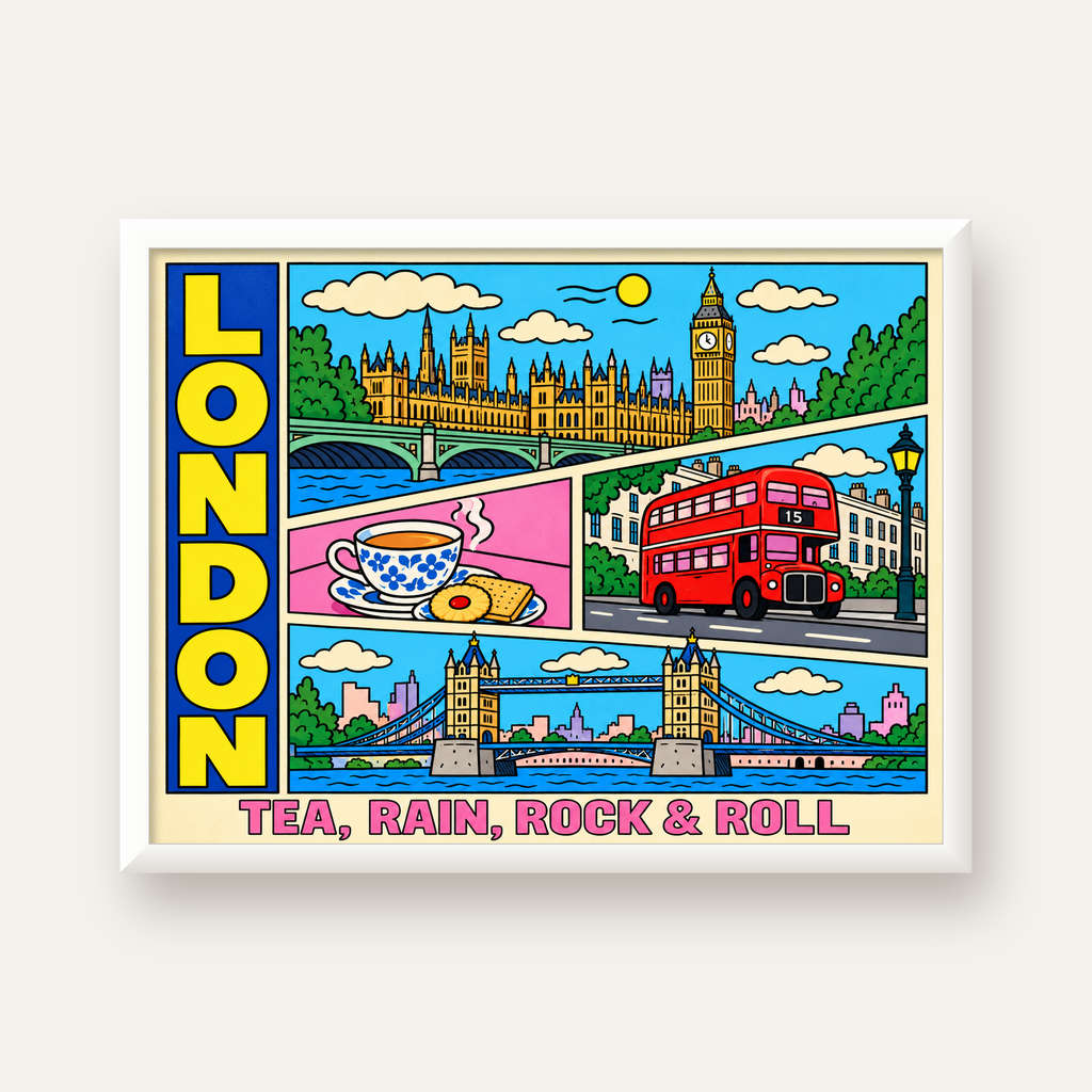 Londra İllüstrasyonu Çizgi Roman Poster – Pop-Art Sanat Baskısı — beyaz çerçeveli yatay poster