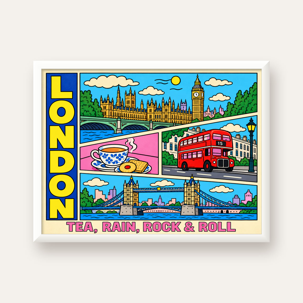 Londra İllüstrasyonu Çizgi Roman Poster – Pop-Art Sanat Baskısı — beyaz çerçeveli yatay poster