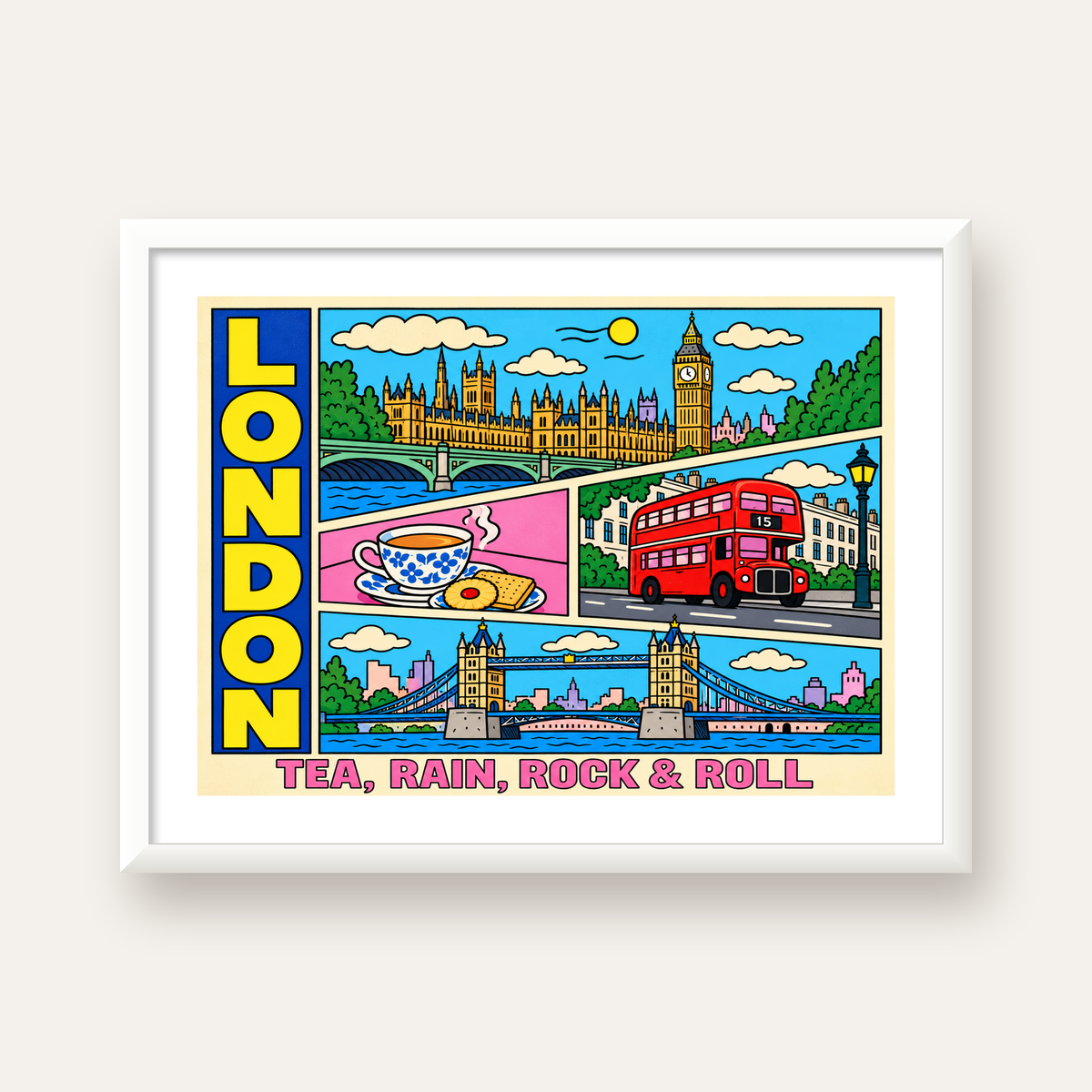Londra İllüstrasyonu Çizgi Roman Poster – Pop-Art Sanat Baskısı — beyaz çerçeveli yatay poster