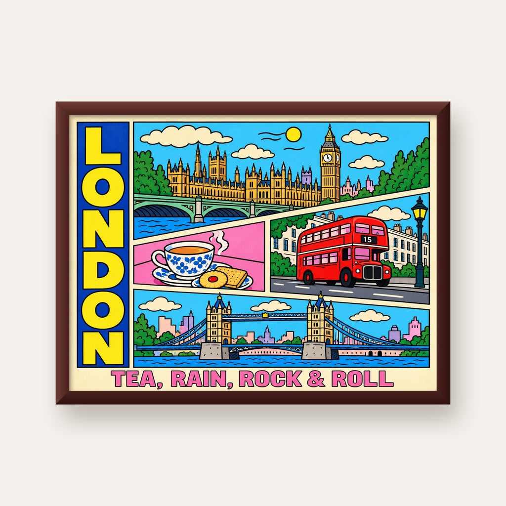 Londra İllüstrasyonu Çizgi Roman Poster – Pop-Art Sanat Baskısı — ceviz çerçeveli